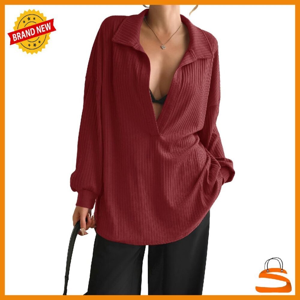 Oversized Deep V Neck Sweatshirt Long Sleeve Ribbed Knit Pullover Top